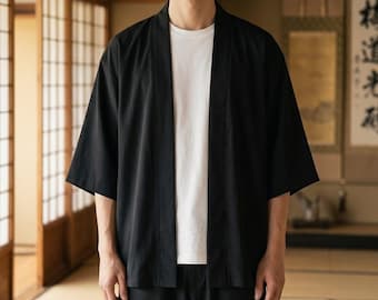 Kimono japonés de algodón y lino, chaqueta haori ligera, cárdigan kimono, ropa urbana de verano, conjunto kimono unisex.
