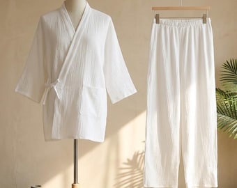 Conjunto de kimono japonés para hombre de tallas grandes, bata de kimono con pantalones, yukata de corte holgado para estar en casa, ropa cómoda para el hogar, regalo para él.