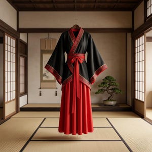Puede incluir: Un vestido kimono japonés tradicional negro y rojo. El kimono presenta una parte superior negra con ribetes rojos y una falda roja. Una faja roja con un lazo ciñe la cintura. Las mangas son anchas y fluidas. El vestido está colgado en una habitación japonesa tradicional.