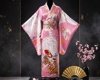 Kimono japonés rosa con estampado floral para mujer, bata de satén yukata, ropa de estar elegante de estilo asiático, regalo romántico de kimono