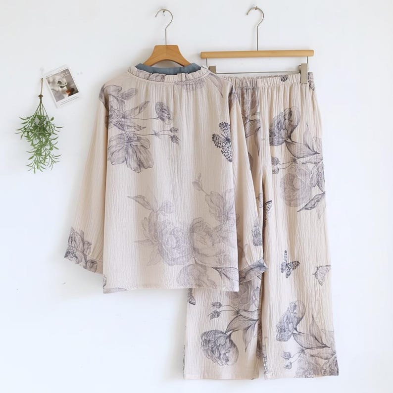 Women's Cotton Kimono Pajama Set, Soft and Breathable Sleepwear, Lightweight Loungewear, Japanese Style Pajamas, Ideal Gift image 3