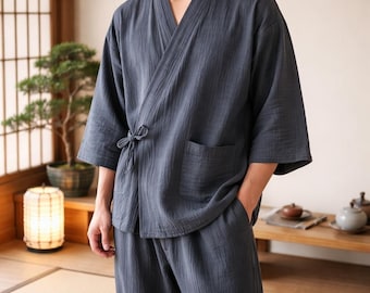 Dark gray Japanese kimono for men, lightweight yukata robe, Zen spa-style loungewear, Muji nighttime gift for him