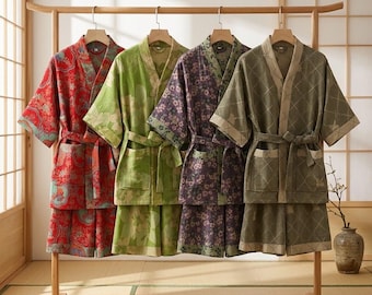 Cotton Jacquard Pyjama Set for Women, Double Layer Kimono Loungewear with Shorts, Soft Breathable PJ Set, Japanese Style Sleepwear