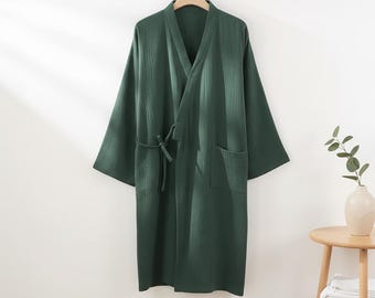 Bata kimono minimalista de algodón, bata de gasa suave, ropa de estar por casa unisex japonesa, bata elegante, corte relajado