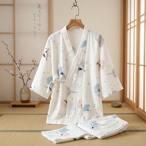 Women Cotton Japanese Kimono Pyjama Set, Soft Yukata Sleepwear, Breathable Loungewear, Minimalist Kimono Pajamas, Zen Home Outfit