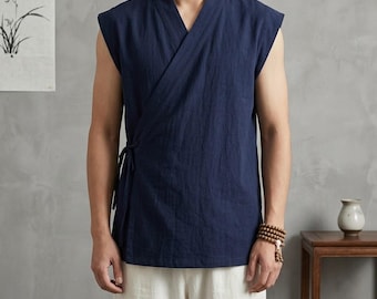 Men Sleeveless Cotton Linen Kimono Top, Japanese Wrap Vest, Minimalist Summer Kimono Shirt, Zen Streetwear, Lightweight Asian Menswear