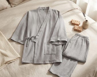 Light Grey Japanese Kimono Robe for Men, Cotton Yukata Dressing Gown, Minimalist Loungewear, Zen Spa Robe, Comfortable Homewear Gift