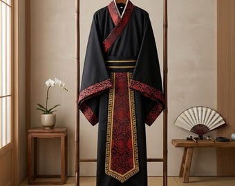 Black Red Hanfu Kimono Robe for Men, Samurai Cosplay Outfit, Japanese Style Yukata, Asian Festival Costume, Kimono Gift for Him
