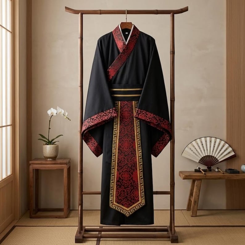 Black Red Hanfu Kimono Robe for Men, Samurai Cosplay Outfit, Japanese ...