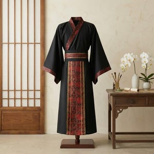 May include: Black traditional robe with red and gold floral accents. The robe features wide sleeves, a wrap-style closure, and a decorative panel down the front. The robe is displayed on a wooden stand in front of a wooden screen.