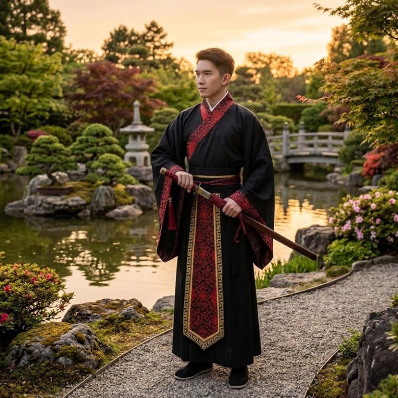 Black Red Hanfu Kimono Robe for Men, Samurai Cosplay Outfit, Japanese ...