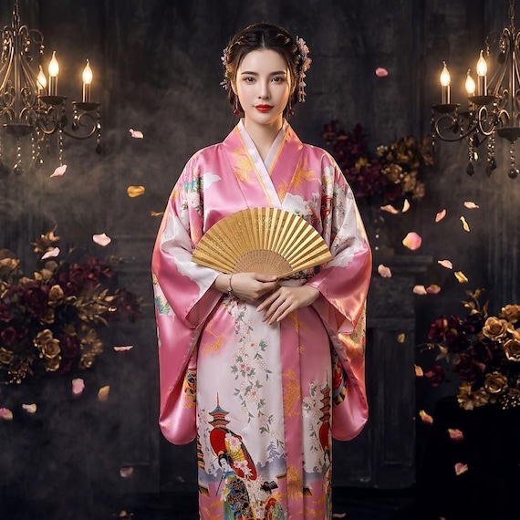 Women's Pink Floral Japanese Kimono Robe, Satin Yukata Dressing Gown, Elegant Asian-Style Loungewear, Romantic Kimono Gift