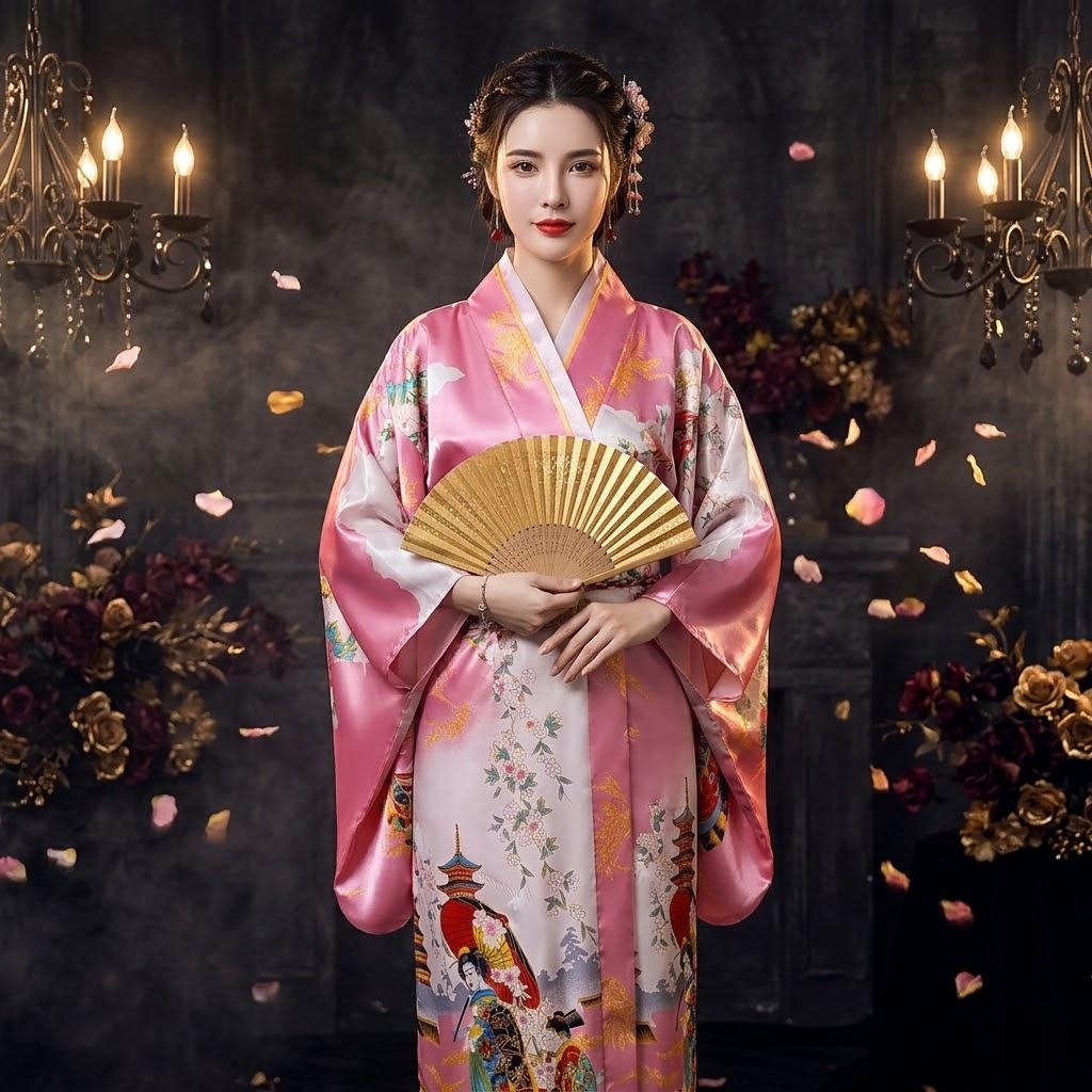 Women's Pink Floral Japanese Kimono Robe, Satin Yukata Dressing