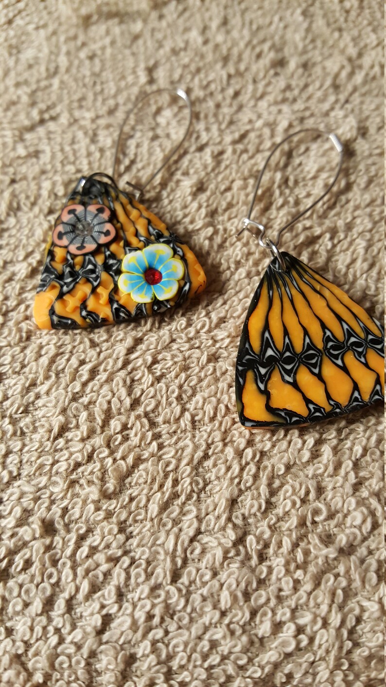 2 inch orange butterfile drop pierced earrings made of clay