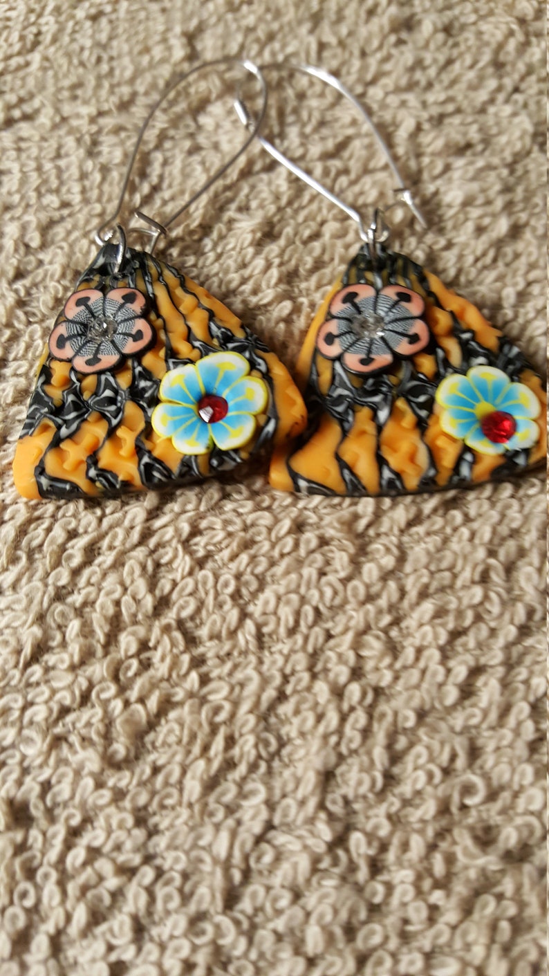 2 inch orange butterfile drop pierced earrings made of clay
