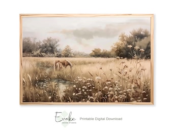 Wild Horses Painting: Rustic Meadow, Farmhouse Wall Art (Digital File)