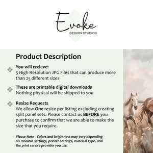 Product description for a downloadable wall art file of wild horses running through a Southwestern desert landscape full of wildflowers.