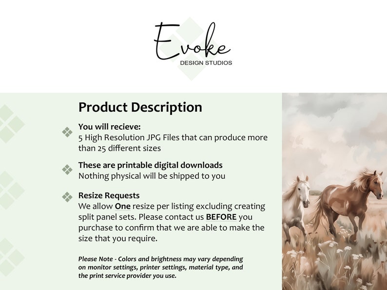Product description for a downloadable wall art file of wild horses running through a Southwestern desert landscape full of wildflowers.