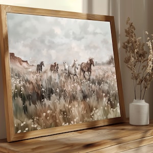 Mockup of wild horses running through a Southwestern desert landscape full of wildflowers. Printable wall art.