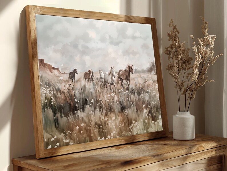 Mockup of wild horses running through a Southwestern desert landscape full of wildflowers. Printable wall art.