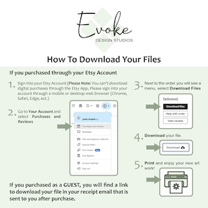 May include: A green and white illustrated guide with instructions on how to download digital files purchased through Etsy. The guide includes screenshots of the Etsy website and a step-by-step process for downloading files.