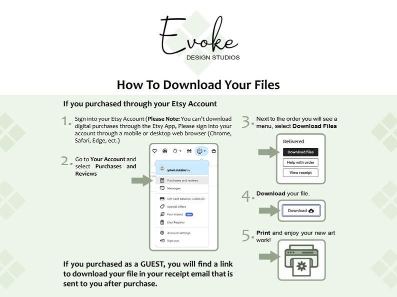 May include: A green and white illustrated guide with instructions on how to download digital files purchased through Etsy. The guide includes screenshots of the Etsy website and a step-by-step process for downloading files.