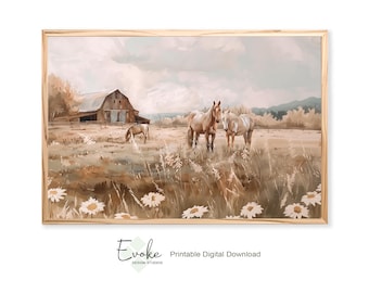 Printable Vintage Horse Barn Pasture Painting |Country Farmhouse Wall Art |Western Rustic Cottagecore | Wildflower Home Decor | Digital File