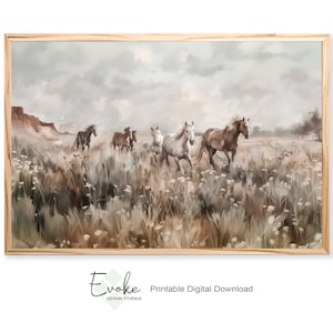 Wild horses running through a Southwestern desert landscape full of wildflowers. Printable wall art.