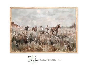 Printable Vintage Oil Painting of Wild Horses | Southwestern Landscape Downloadable Wall Art | Rustic Farmhouse Cowboy Decor | Digital File