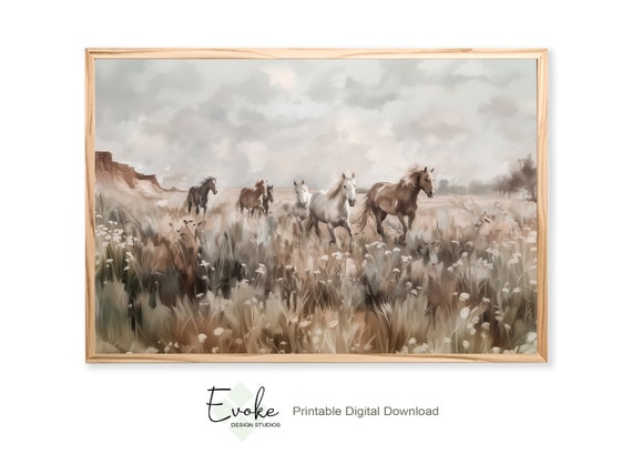 Printable Vintage Oil Painting of Wild Horses | Southwestern Landscape Downloadable Wall Art | Rustic Farmhouse Cowboy Decor | Digital File