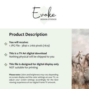 Pu&ograve; includere: Download digitale di una stampa d'arte per TV con due cavalli che corrono attraverso un campo di erba alta. L'immagine &egrave; di 3840 x 2160 pixel e non &egrave; adatta per la stampa.