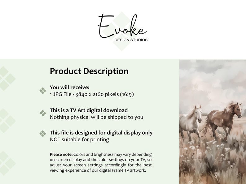 Pu&ograve; includere: Download digitale di una stampa d'arte per TV con due cavalli che corrono attraverso un campo di erba alta. L'immagine &egrave; di 3840 x 2160 pixel e non &egrave; adatta per la stampa.