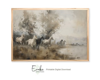 Printable Wild Horses Print | Vintage Oil Painting | Downloadable Abstract Horse Wall Art | Rustic Farmhouse Decor | Digital File