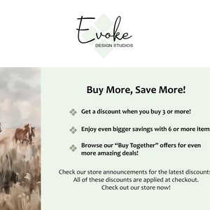May include: A watercolour painting of horses running through a field. The text "Buy More, Save More!" is displayed above a list of discounts for buying multiple items. The text "Check our store announcements for the latest discounts! All of these discounts are applied at checkout. Check out our store now!" is displayed at the bottom of the image.