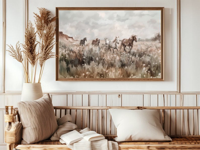 Mockup of wild horses running through a Southwestern desert landscape full of wildflowers. Printable wall art.