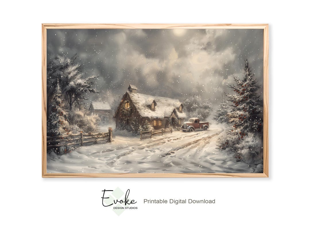 Printable Snowy Farmhouse Christmas Painting | Rustic Winter Barn ...