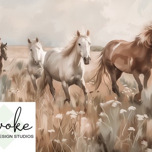 Close up of a downloadable wall art file of wild horses running through a Southwestern desert landscape full of wildflowers.