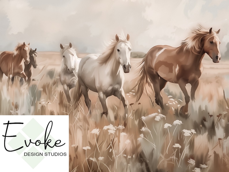 Close up of a downloadable wall art file of wild horses running through a Southwestern desert landscape full of wildflowers.