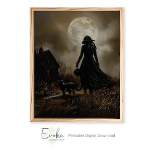 Witch and Black Cat Halloween Print: Gothic Fantasy Art (Digital Download)