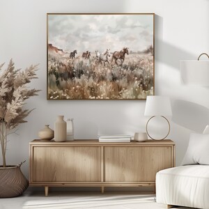 Mockup of wild horses running through a Southwestern desert landscape full of wildflowers. Printable wall art.