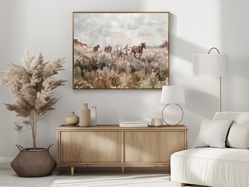 Mockup of wild horses running through a Southwestern desert landscape full of wildflowers. Printable wall art.