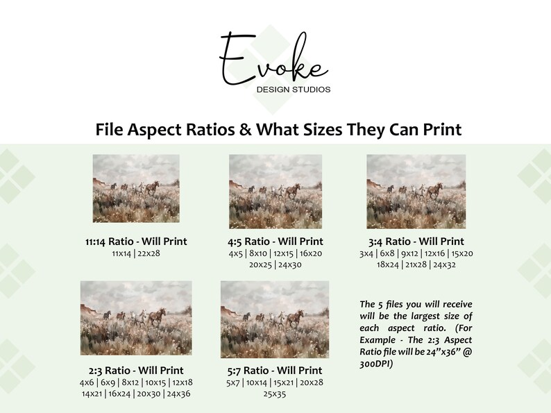 Product description aspect ratios for a downloadable wall art file of wild horses running through a Southwestern desert landscape full of wildflowers.