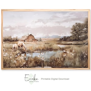 May include: A digital painting of a rural landscape with a wooden barn, two horses drinking from a pond, and a cloudy sky. The scene is painted in muted tones of brown, green, and blue.