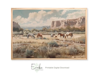 Printable Vintage Oil Painting of Wild Horses | Southwestern Landscape Downloadable Wall Art | Rustic Farmhouse Ranch Decor | Digital File