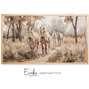 Vintage Oil Painting Wild Horses In Wildflowers Meadow | Frame TV Art | Rustic Farmhouse Country Cottagecore | Digital Download File