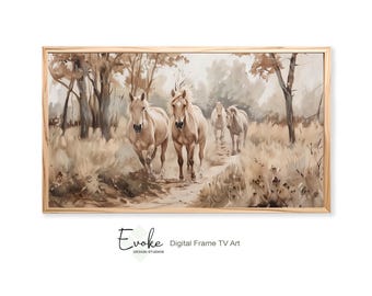 Vintage Oil Painting Wild Horses In Wildflowers Meadow | Frame TV Art | Rustic Farmhouse Country Cottagecore | Digital Download File