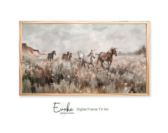 Digital Wild Horse Art For Samsung Frame TV | Rustic Cowboy Decor | Southwestern Vintage Oil Painting | Wildflowers Field | Instant Download