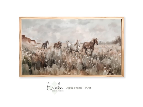 Digital Wild Horse Art For Samsung Frame TV | Rustic Cowboy Decor | Southwestern Vintage Oil Painting | Wildflowers Field | Instant Download