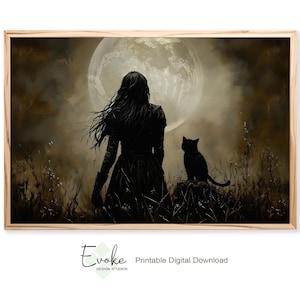 Witch and Black Cat Halloween Print: Gothic Fantasy Art (Digital Download)