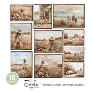 May include: A set of ten framed digital art prints with a rustic, vintage aesthetic. The images depict pastoral scenes, including cowboys on horseback, dogs, people in fields, and a barn. The colour palette is muted with warm, earthy tones.